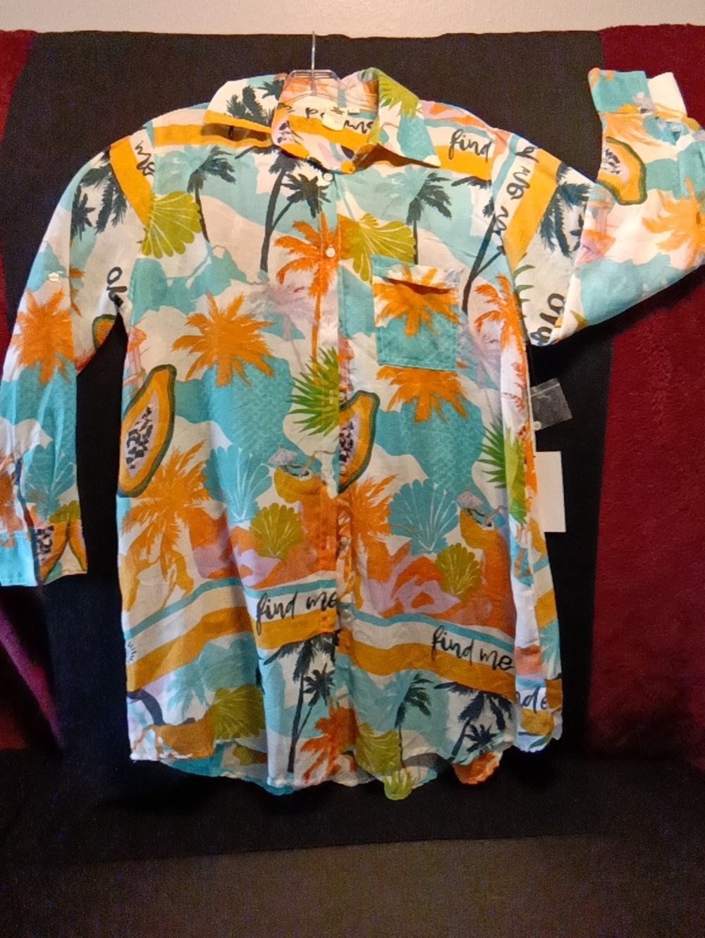 Violet Kay Tropical Print Button-Up Blouse in Turquoise, Orange, Green